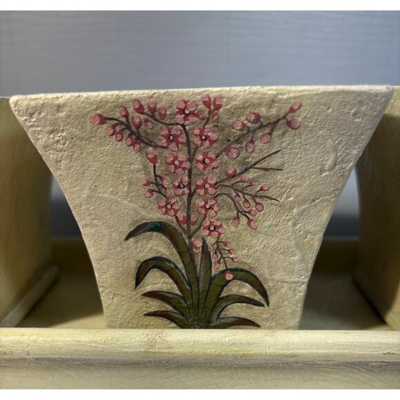 Ceramic Planter Set 4 Piece Set With Tray Featuring Floral Designs 13.5" Long - Picture 3 of 11